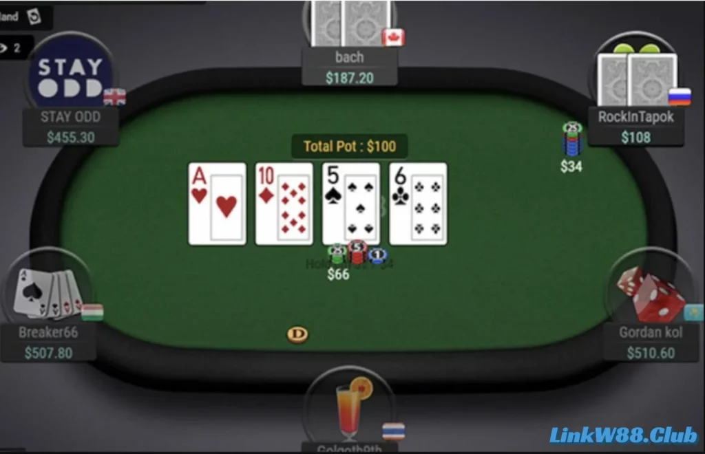 Vòng 3 trong ván Poker sẽ có 4 lá bài chung được lật