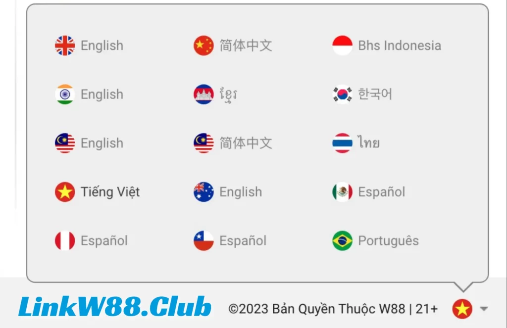 Nhà cái W88 hỗ trợ đa ngôn ngữ bao gồm tiếng Việt