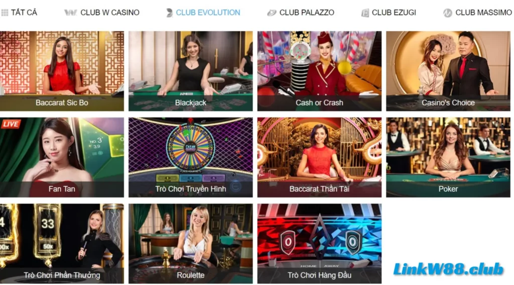 Các trò chơi Casino tại sảnh Club Evolution