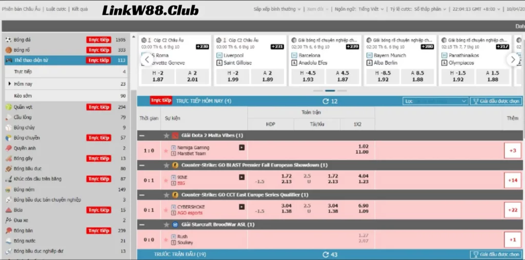 Bảng kèo cược thể thao điện tử tại W88